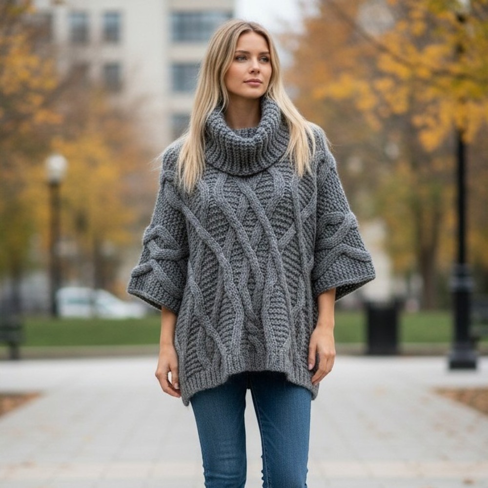 Womens Chunky Knit Poncho Sweater Gray Alpaca Wool Blend Turtleneck Opening Day